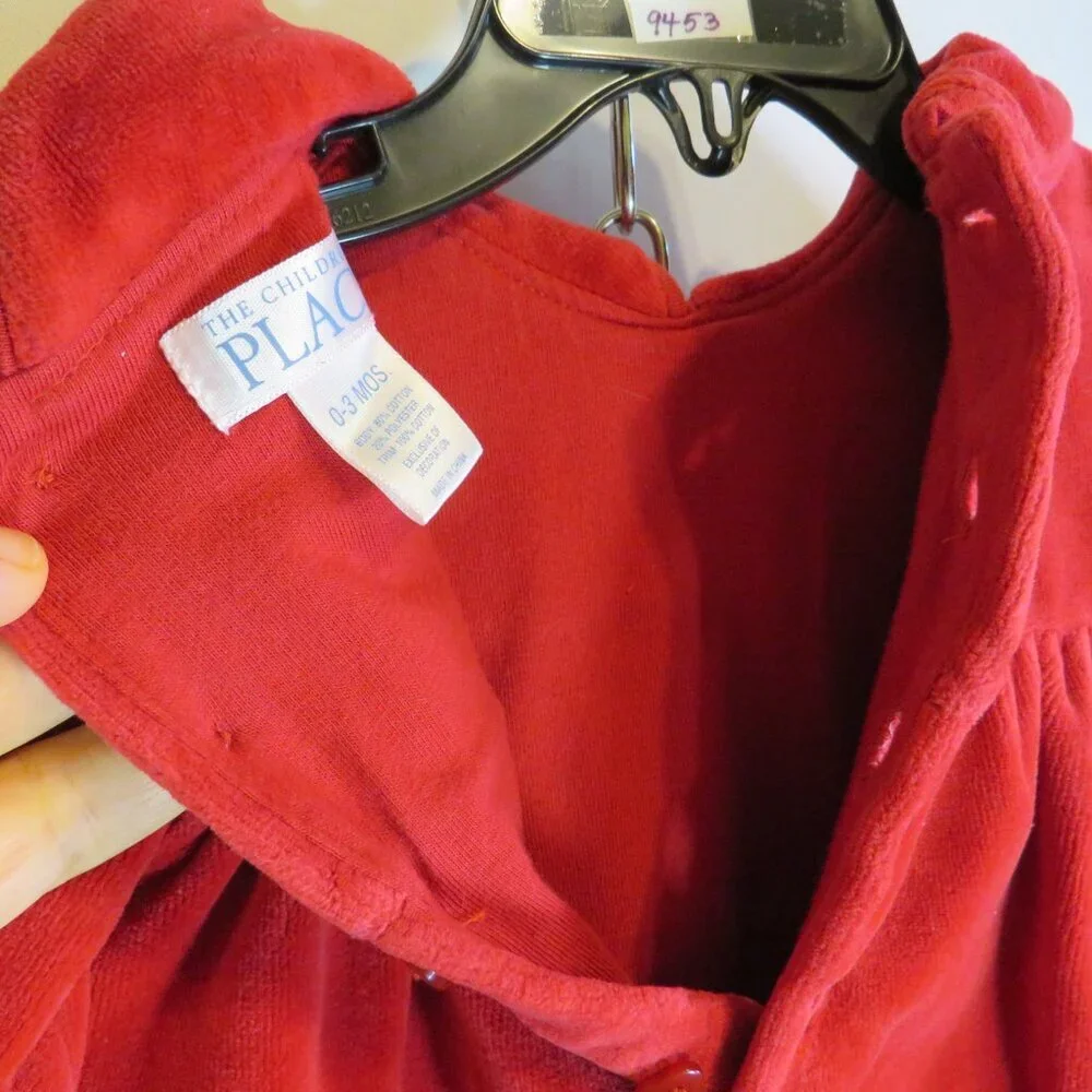 Baby Red Velour bodysuit w Roses embroidered on leg